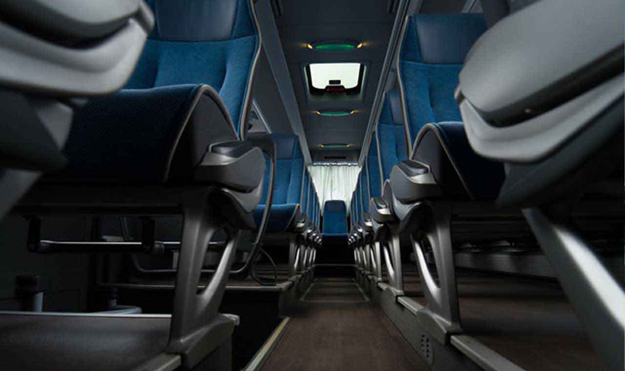 entro Bus - Interior view of modern Mercedes coaches with seating